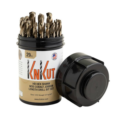 KnKut 29 Piece Drill Buddy HD Hex Shank M35 Cobalt Jobber Length Drill Bit Set 1/16"-1/2" by 64ths - Thumbnail 1